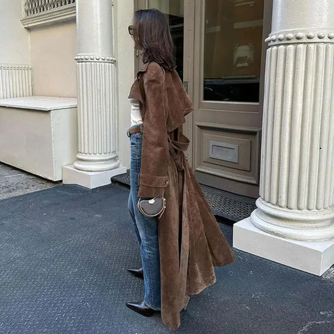 Manteau long à revers croisés avec ceinture, en suède, style vintage, vêtements d'extérieur d'hiver pour femmes