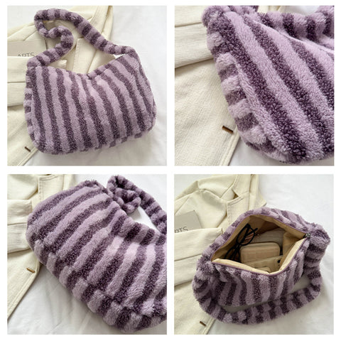 Large-capacity Striped Plush Bag Winter New Fashion Portable Tote Shoulder Bags Shopping Furry Handbags For Women - Fashionner