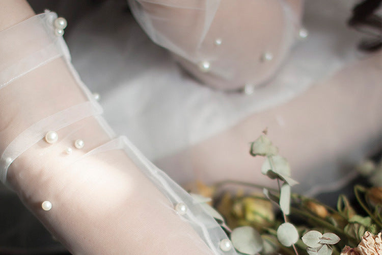 Bridal Wedding Dress Pearl Mesh Gloves White Yarn