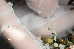 Bridal Wedding Dress Pearl Mesh Gloves White Yarn
