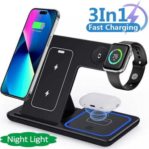 Support de charge rapide sans fil LED 15W 3-en-1 pliable pour Smartphone 15 14 13 12 11 IWatch 9 8 7 6 5 Airpods Pro
