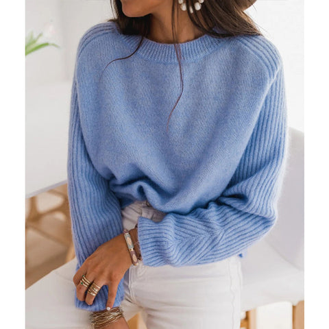 Pull en maille ras du cou à manches longues en velours côtelé bleu lait européen pour femme - Vêtements décontractés tricotés à la mode - Haut tricoté - Vêtement d'extérieur