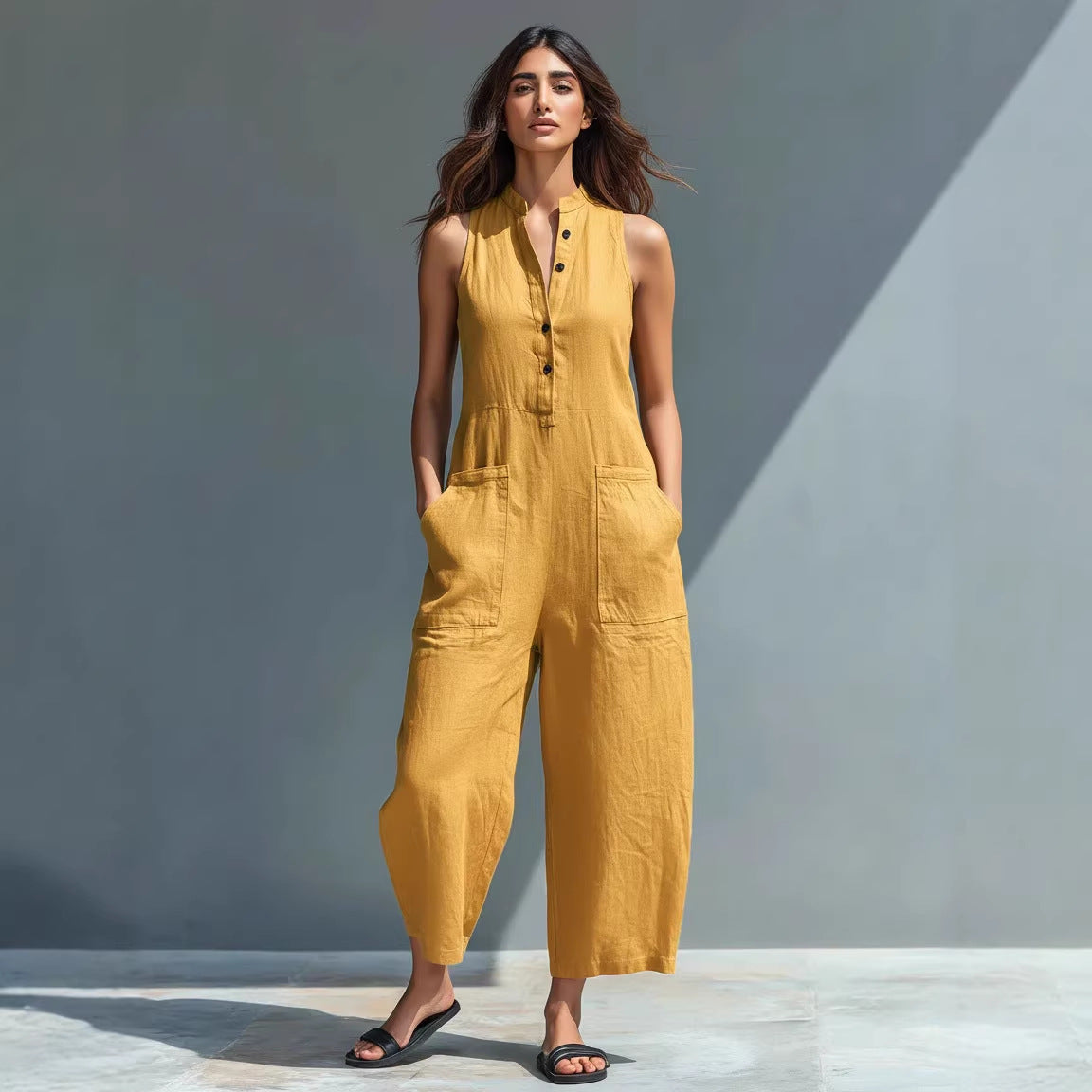 Buy Summer Sleeveless Jumpsuit With Pockets Fashion Casual V-Neck Buttons Trousers Women'S Overall Pants online at Fashionner.
