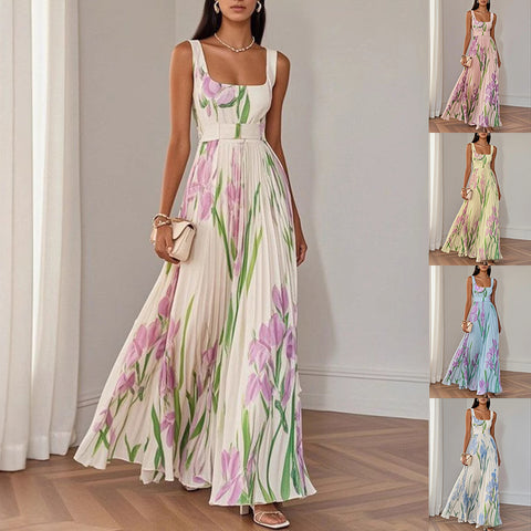 Buy Floral Print Pleated Dress Summer A-Line Sleeveless Midi Dresses Women'S Clothing online at Fashionner