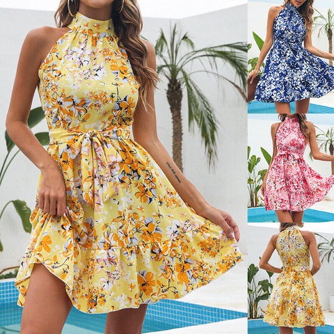 Buy New Flowers Print Halterneck Dress Summer Fashion Temperament Lace-Up Ruffled Dresses For Women online at Fashionner.