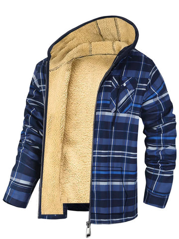 Veste zippée à capuche à imprimé écossais pour homme Manteau chaud rembourré en coton épaissi pour l'hiver