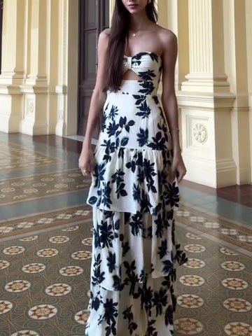 Buy Strapless Printed Ruffle Maxi Dress online at Fashionner.