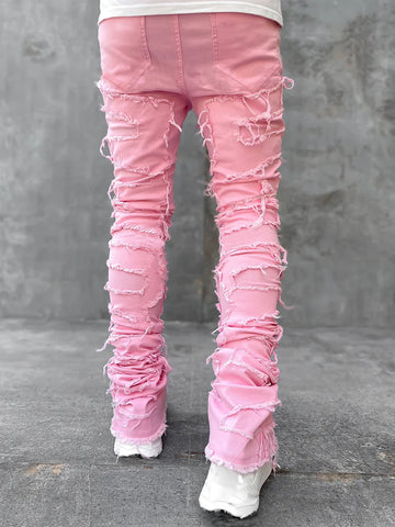 Men Trousers Individual Patched Pants Long Tight Fit Stacked Jeans For Mens Clothing - Fashionner