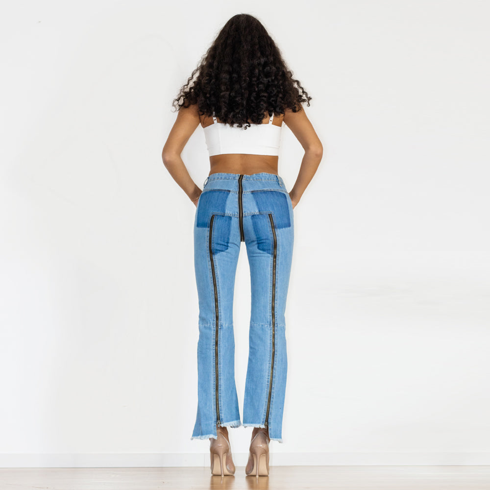 Shascullfites Women Split Straight Jeans Women Club Dancing Pants Light Blue Denim Pants Slim Fit Zipper Jeans - Fashionner