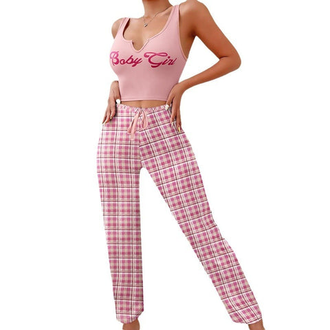 Ensemble pyjama décontracté printemps-été pour femme, gilet assorti, pantalon à carreaux, haut imprimé lettre, 2 pièces, vêtements de nuit pour femme