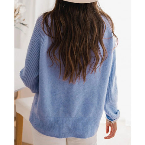 Pull en maille ras du cou à manches longues en velours côtelé bleu lait européen pour femme - Vêtements décontractés tricotés à la mode - Haut tricoté - Vêtement d'extérieur