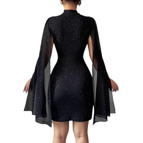 Robe de soirée élégante et sexy pour femme, col rond, rayures fines, perles, manches cape en mousseline, hanches drapées