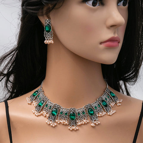 Buy Vintage Emerald Earrings Ethnic Style Square Tassel Bead Pendant Jewelry Suit online at Fashionner.
