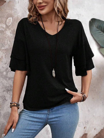 T-shirt ample à col en V et manches volantées, couleur unie, haut mi-manches, vêtements pour femmes
