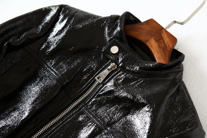 Black Bright Leather PU Short Motorcycle Leather Jacket Women's Jacket - Fashionner