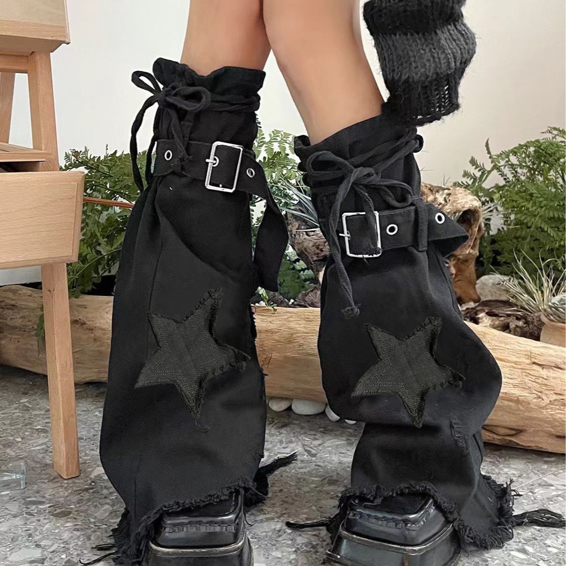 Star Embroidery Tie-neck Denim Retro Slightly Flared Women's Pile Tube Socks Leg Warmer - Fashionner