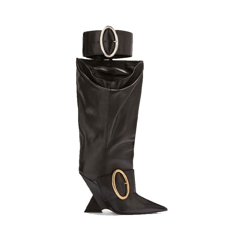 High-profile Wedge Sleeve Pointed Slip-on Strap Large Fastener Boots - Fashionner