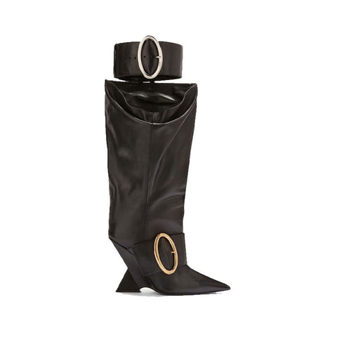 High-profile Wedge Sleeve Pointed Slip-on Strap Large Fastener Boots - Fashionner