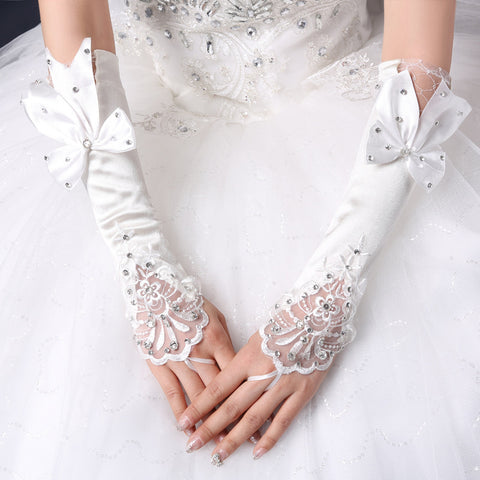 Gants de mariée de mariage Crochet Doigt Fleur Nœud Dentelle Manches Creuses