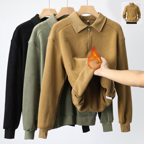 Sweat-shirt tendance à col à revers et demi-fermeture éclair, haut chaud polaire à manches longues pour hommes - Vêtements pour hommes