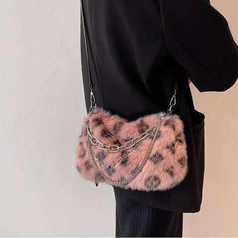 Winter Plush Bags Chain Shoulder Bag Women Flowers Print Handbags - Fashionner