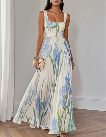Floral Print Pleated Dress Summer A-Line Sleeveless Midi Dresses Women'S Clothing