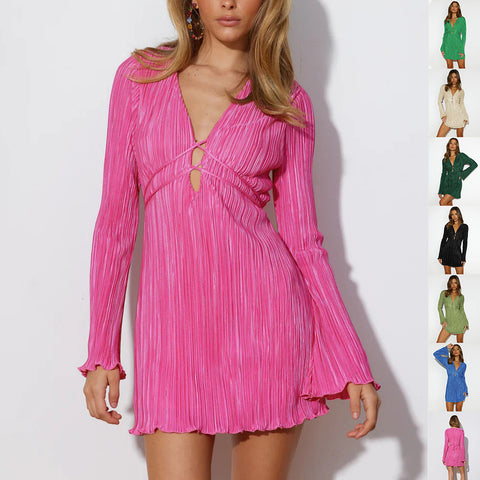 Robe moulante à lacets, col en V, manches trompette, tempérament, paillettes, jupe mode pour vêtements féminins
