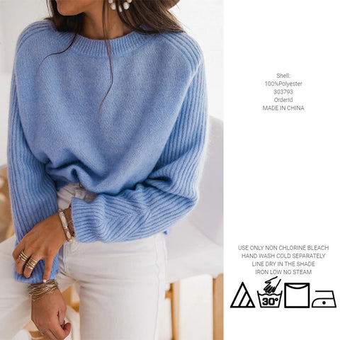 Pull en maille ras du cou à manches longues en velours côtelé bleu lait européen pour femme - Vêtements décontractés tricotés à la mode - Haut tricoté - Vêtement d'extérieur
