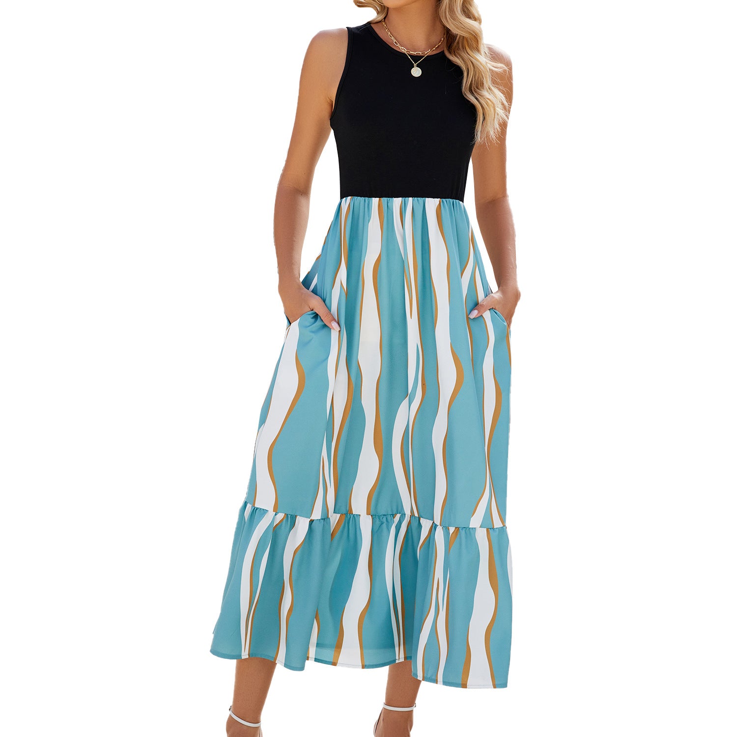Round Neck Sleeveless Long Dress Summer Fashion Striped Print Dresses Womens Clothing - Fashionner