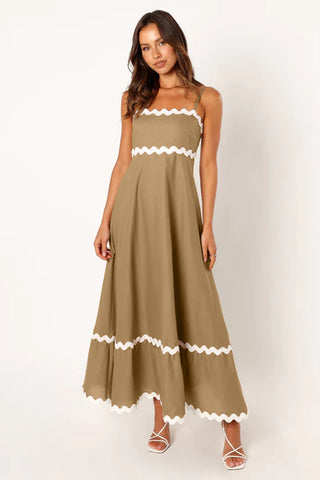 New Suspender Long Dress Summer Fashion Solid Color Wave Pattern Printed Beach Dresses For Womens Clothing - Fashionner