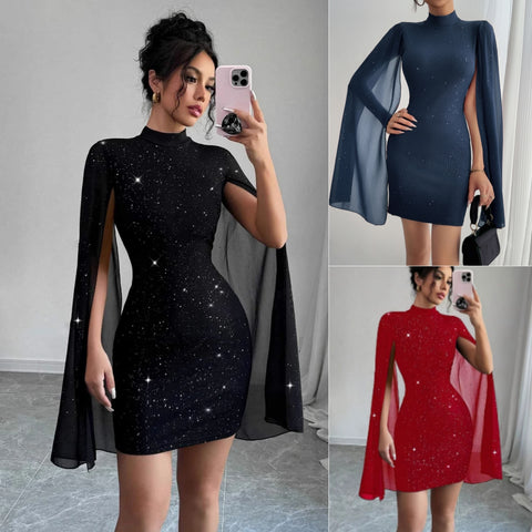 Robe de soirée élégante et sexy pour femme, col rond, rayures fines, perles, manches cape en mousseline, hanches drapées