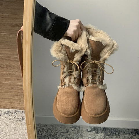 Women's Fashion Brown Warm Slugged Bottom Snow Boots - Fashionner