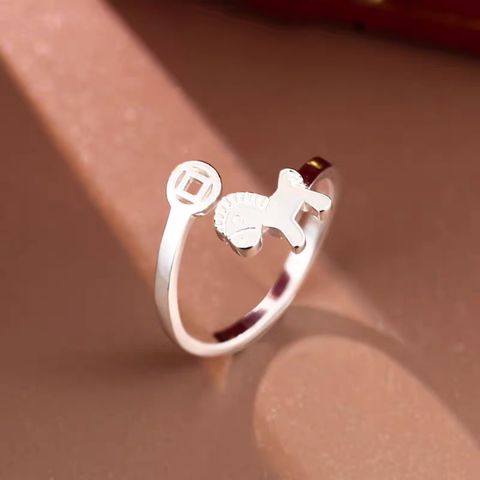 Buy 1 Piece 999 Sterling Silver Rocking Horse & Coin Open Ring, Cute Lucky Style, For Daily Wear & Gifting online at Fashionner.