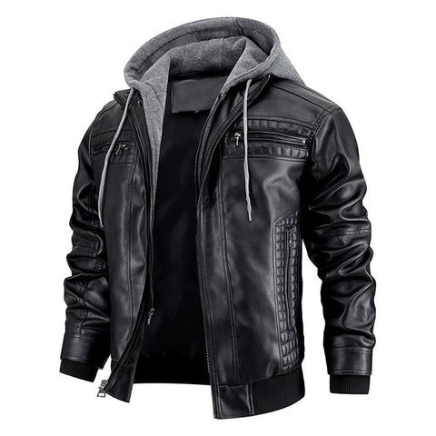 Veste à Capuche avec Poches Zippées Manteau en Cuir PU Tendance et Chaud pour Hommes