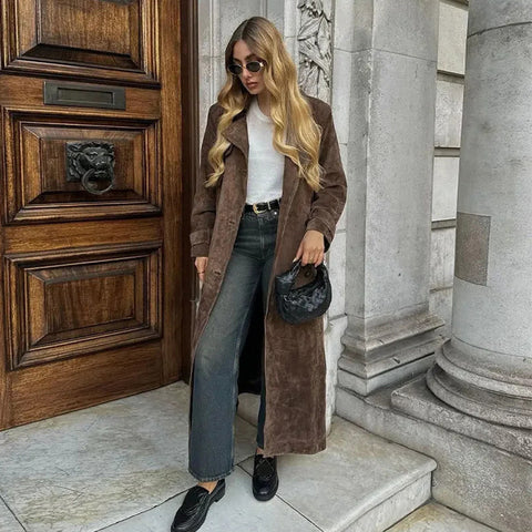 Manteau long à revers croisés avec ceinture, en suède, style vintage, vêtements d'extérieur d'hiver pour femmes
