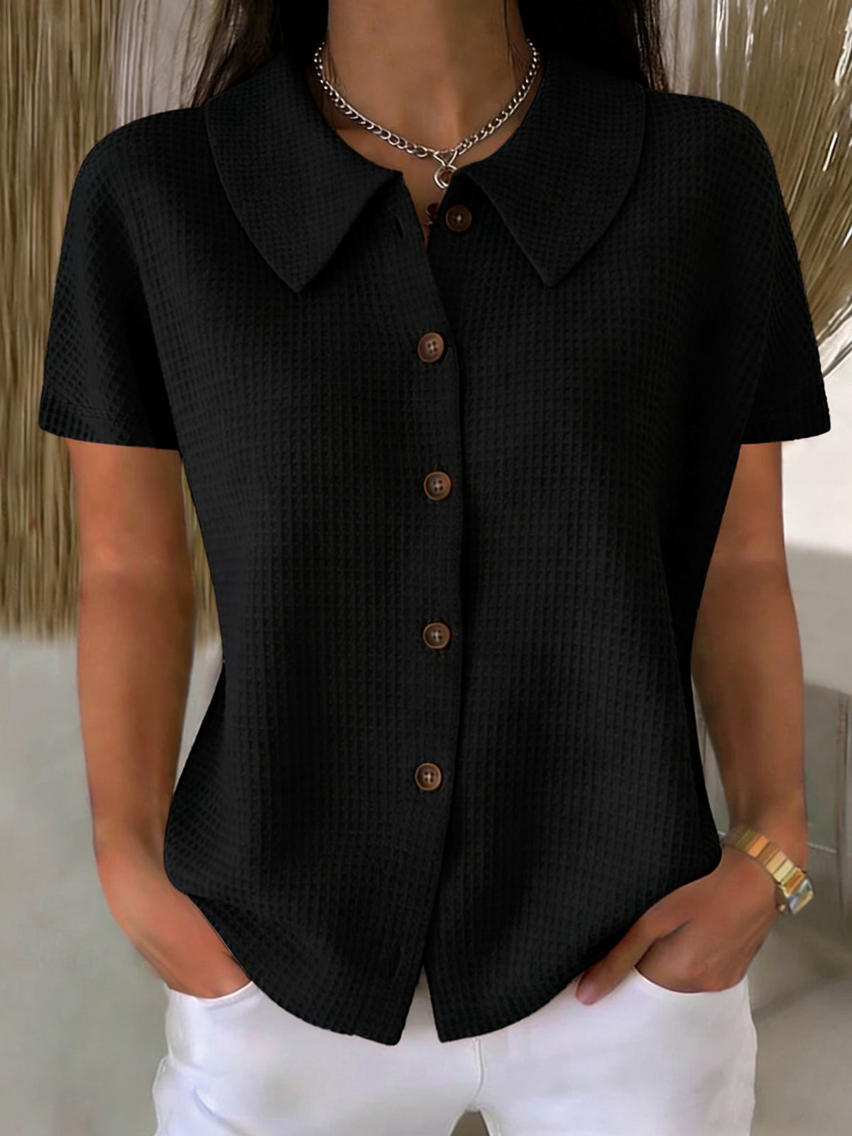 Chemise décontractée ample à manches courtes en tissu gaufré uni avec col rabattu – Haut d'été léger en mélange de coton pour femmes, idéal pour un usage quotidien