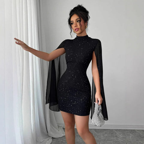 Robe de soirée élégante et sexy pour femme, col rond, rayures fines, perles, manches cape en mousseline, hanches drapées