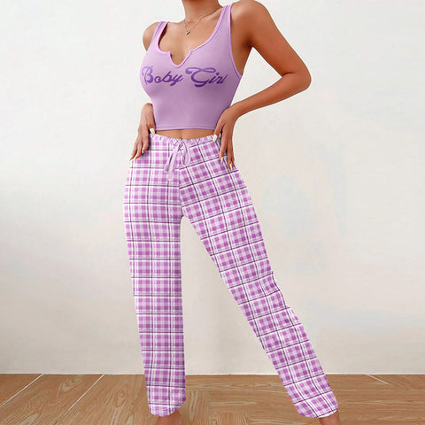 Ensemble pyjama décontracté printemps-été pour femme, gilet assorti, pantalon à carreaux, haut imprimé lettre, 2 pièces, vêtements de nuit pour femme