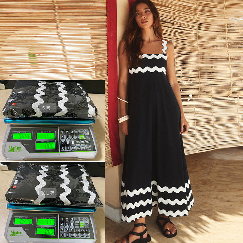 Flowers Print Wavy Pattern Suspender Long Dress For Women Fashion A-Line Beach Dresses Womens Clothing - Fashionner