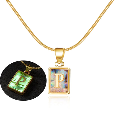 26 Letter Square Necklace Colorful Shell Luminous Pendant Chain Necklace For Women Temperament Ladies Jewelry - Fashionner