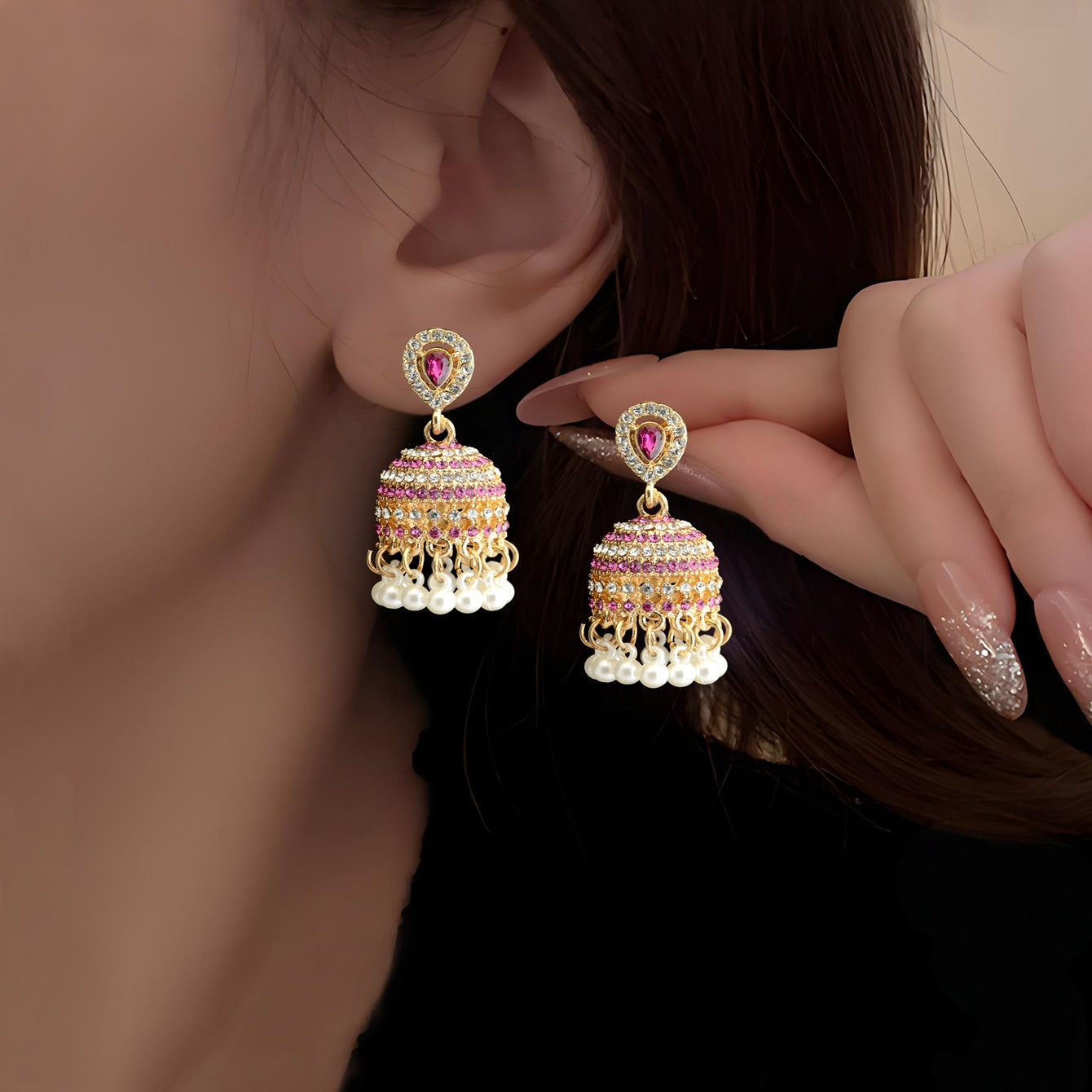 Buy Vintage Bohemian Diamond-Encrusted Pearl Bell Earrings For Women online at Fashionner.