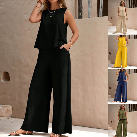 Ensemble pantalon uni décontracté et ample pour femmes, costume deux pièces élégant pour le printemps et l'été, ensemble pantalon complet, tenue féminine