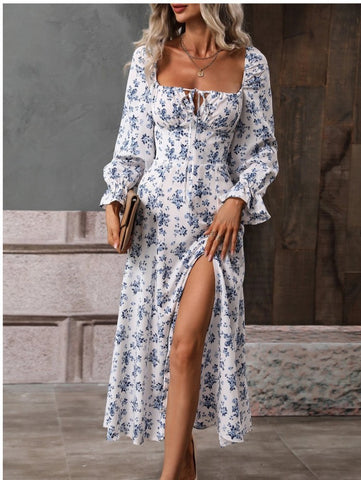 Robes à manches longues imprimées de fleurs, col carré tendance, fendues à la base pour femme