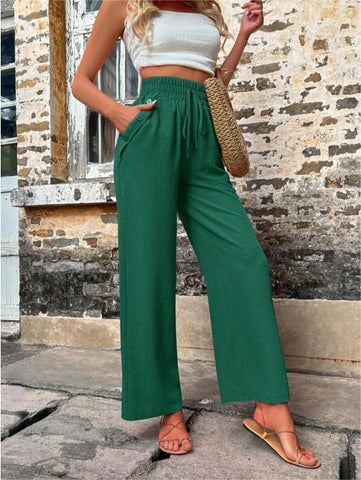 New Casual Pants With Pockets Elastic Drawstring High Waist Loose Trousers For Women - Fashionner