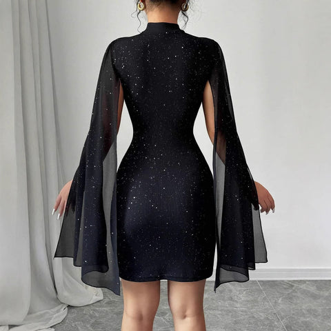 Robe de soirée élégante et sexy pour femme, col rond, rayures fines, perles, manches cape en mousseline, hanches drapées