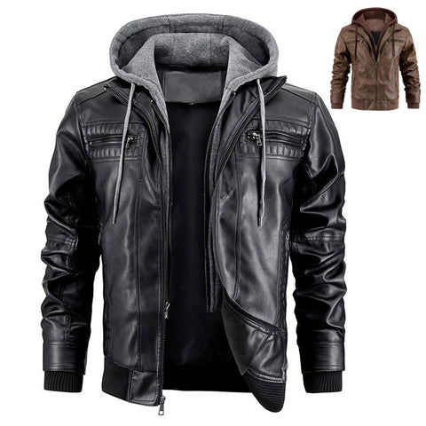 Veste à Capuche avec Poches Zippées Manteau en Cuir PU Tendance et Chaud pour Hommes