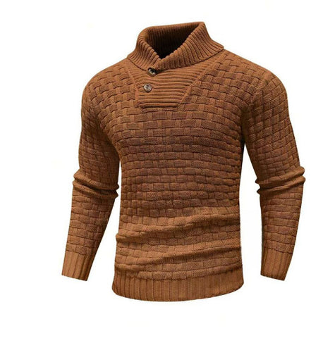 Pull col roulé slim pour homme avec boutons, mode décontractée, couleur unie, vêtement haut