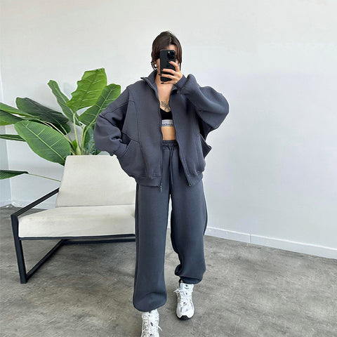 Survêtements de sport pour femme avec poches, veste zippée à col montant et pantalon à cordon de serrage, ensemble de jogging mode