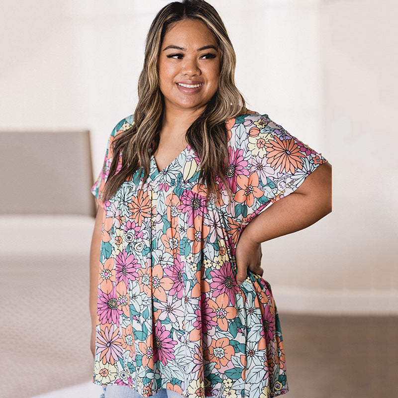 Summer Floral Print Loose Pleating V-neck Top - Fashionner