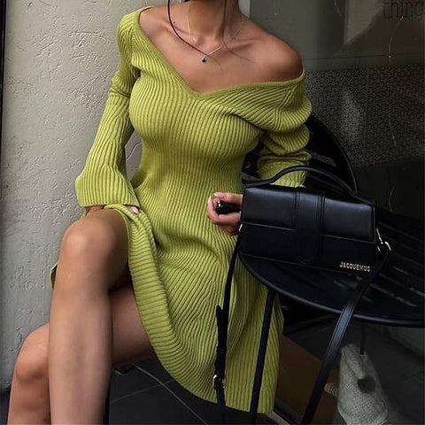 Robe courte moulante à col en V et manches longues, tricotée, avec volants, coupe trapèze, style Y2K, vêtements pour femmes.